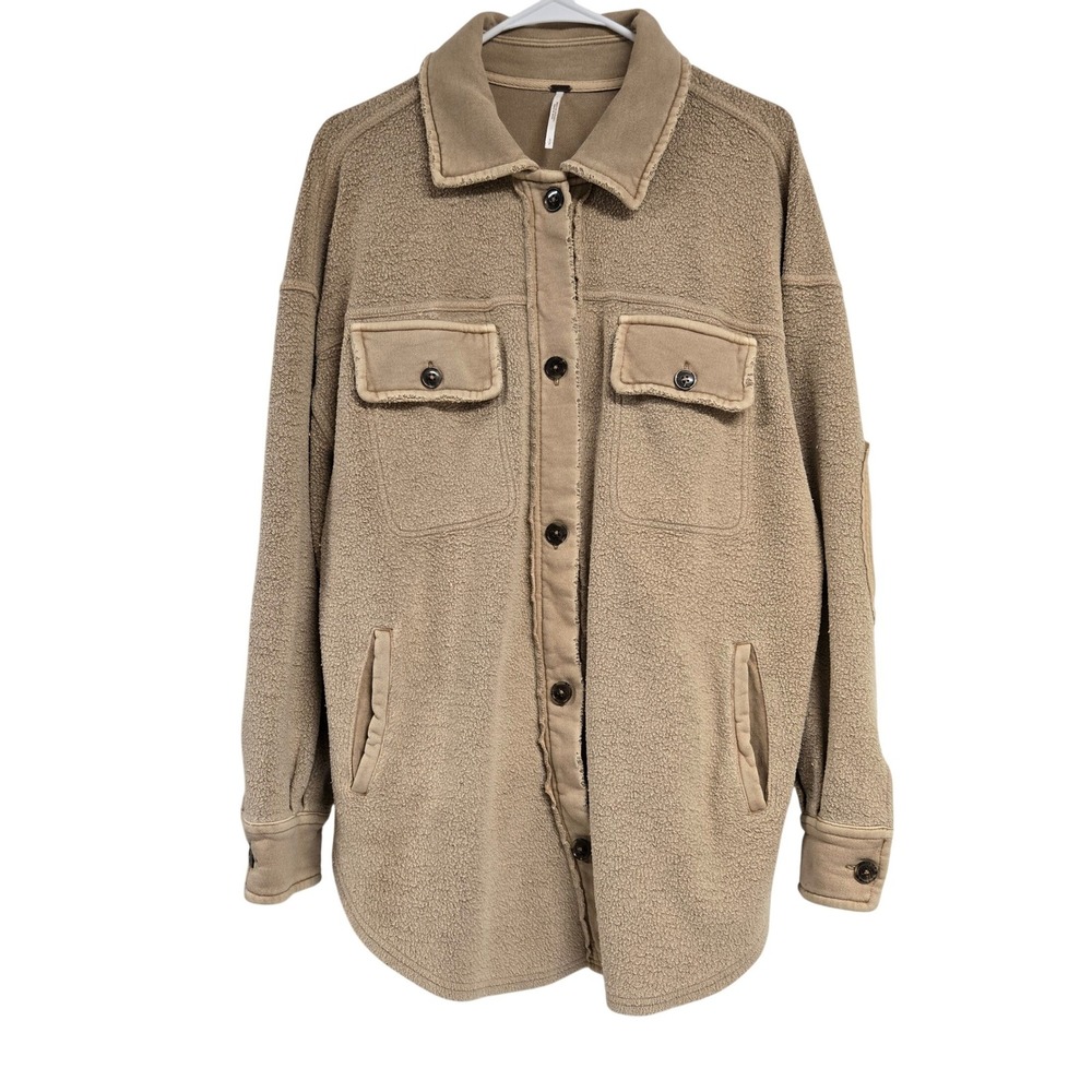 Free People Ruby Jacket Tan Camel Fleece Button‎ Down Shacket Oversized Small